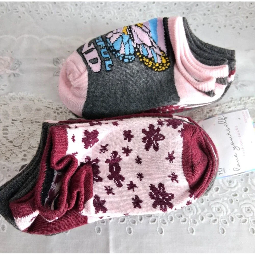 20pr Love Yourself 4-6.5 No Show Socks Girls Butterfly Stripes School Casual